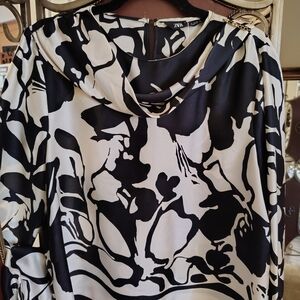 Zara Black and White Abstract Women's Blouse, With Sash.